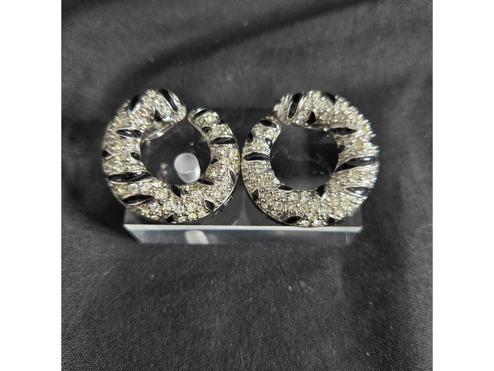 Kenneth Jay Lane Leopard Earrings Rhinestone Enamel Hoop KJL Vintage Clip On